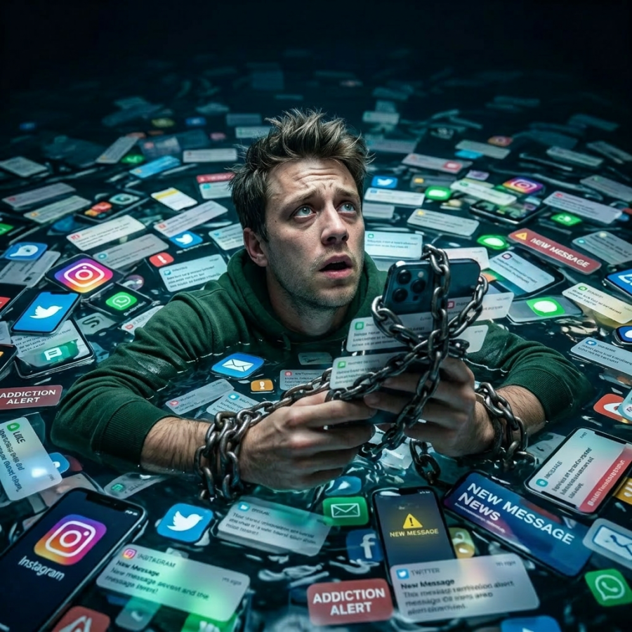 Man submerged in water holding phone wrapped in chains, surrounded by social media notifications