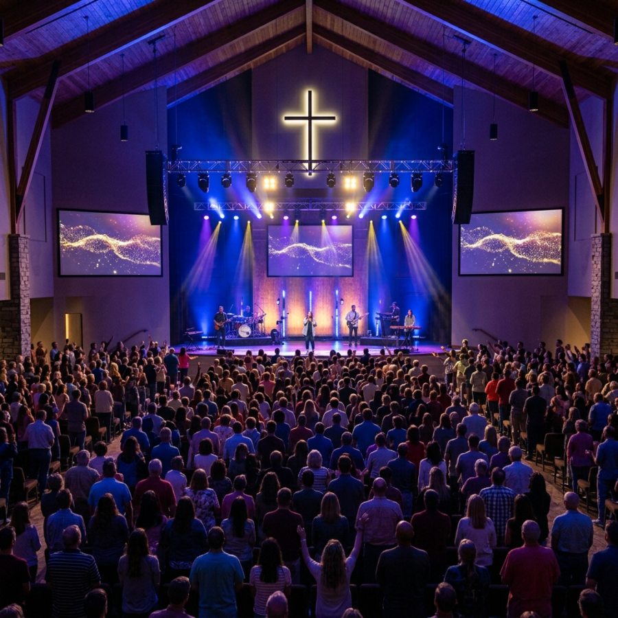 Grace Covenant Church entrance glowing at night with people arriving